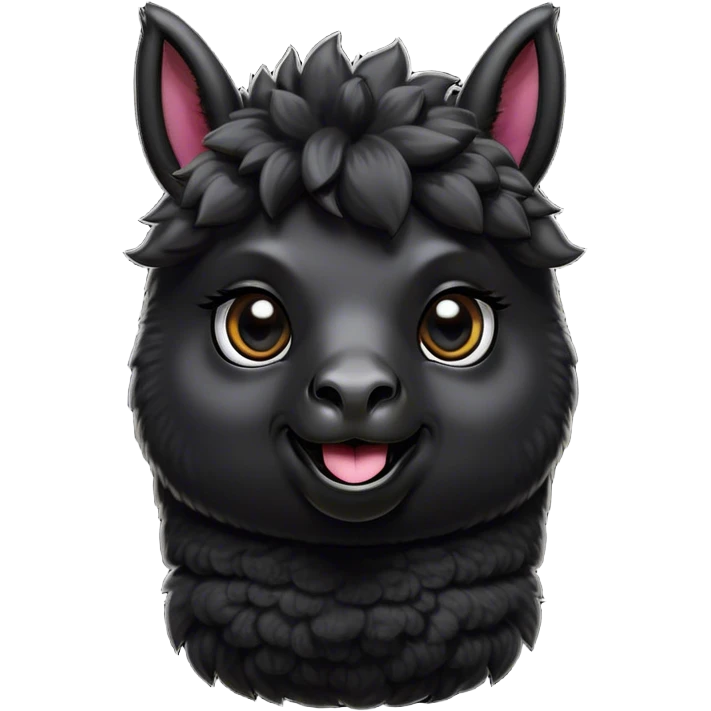 Cinematic Comical Black Alpaca Portrait Emoji, Head tilted dramatically with an exaggeratedly amused expression, featuring a striking jet-black fleece with playful texture, wide, expressive dark eyes filled with playful disbelief, Simplified yet hilariously expressive features, highly detailed, glowing with a slightly sassy glow, high shine, dramatic yet playful, stylized with an air of cheeky mischief, bright and endearing, soft glowing outline, capturing the essence of a spirited and over-the-top alpaca, so meme-worthy it feels like it could side-eye its way into internet fame instantly! emoji
