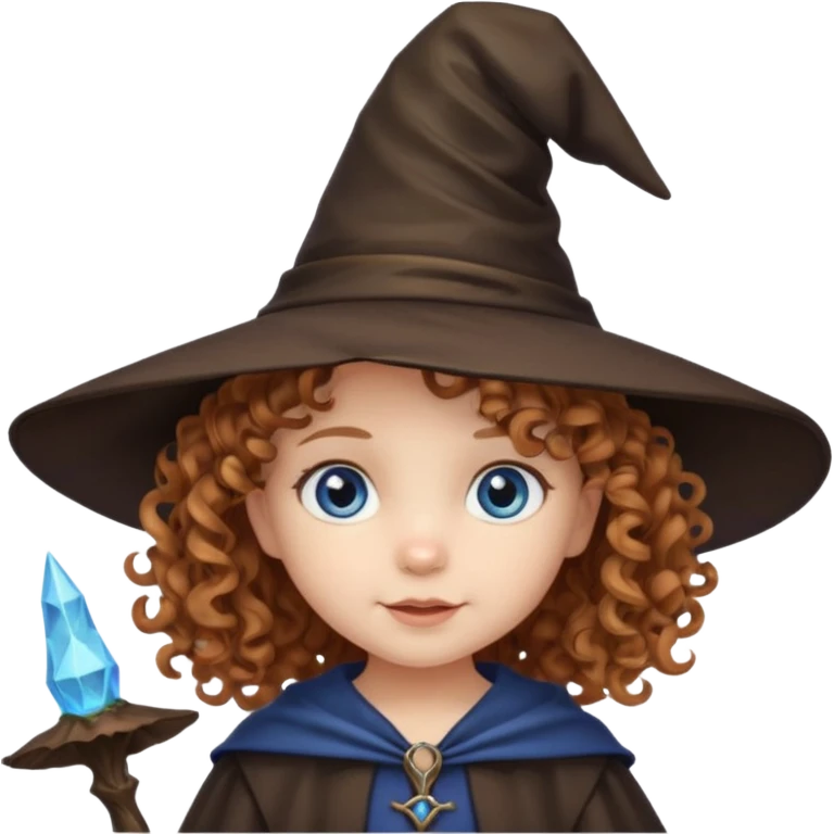 Cute toddler with curly light brown hair and blue eyes wearing a witch hat emoji