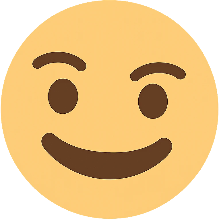 Add color to the sarcastic emoji with an ironic smile, keeping the icon style with a transparent background. The emoji should have a sarcastic expression with an ironic smile and colored details consistent with icon style. emoji