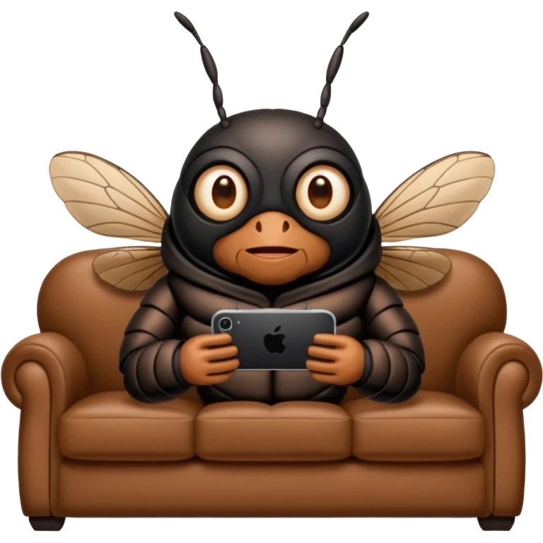 Black Cicada cartoon style watching on a phone sit on a brown sofa  emoji