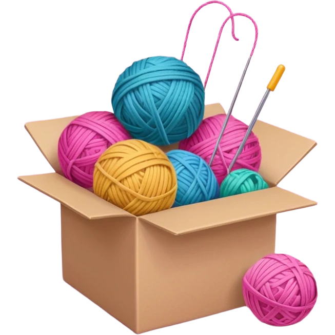 paper box with toys, ball of yarn, pink emoji
