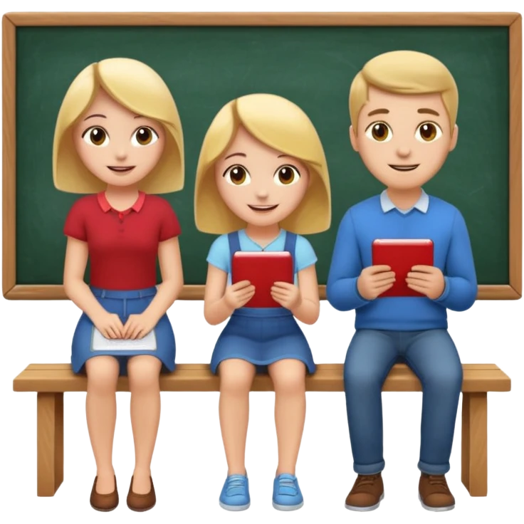 Girl is teaching a guy how to make emojis. Girl at blackboard, guy on bench learning. emoji