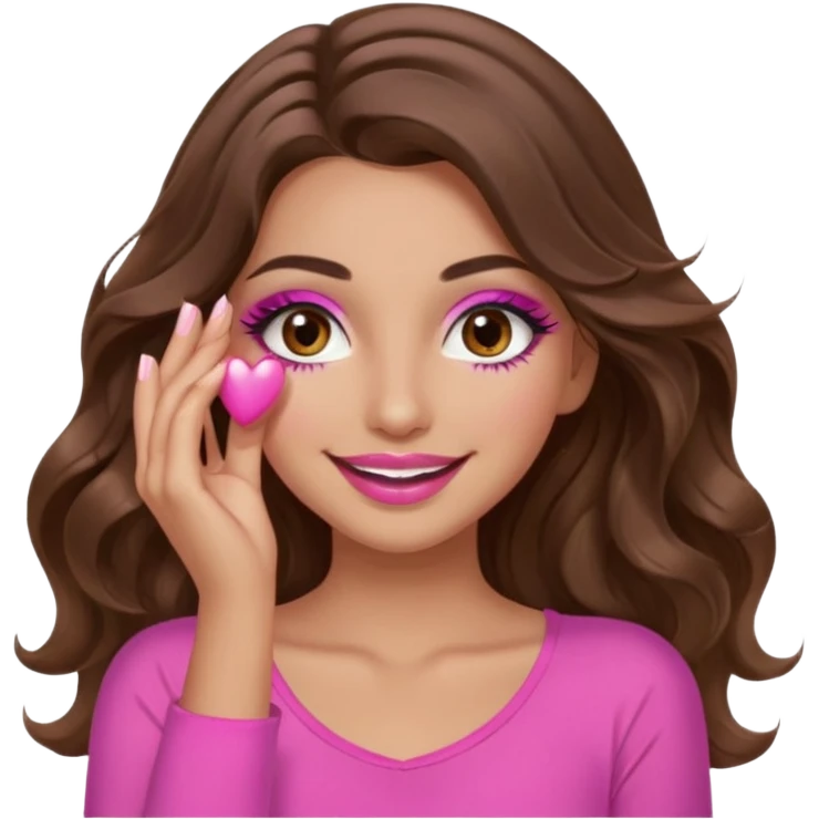 girl with long wavy brown hair, brown eyes, long lashes makeup, sexy pink lips, light to medium complexion, wearing a pink sexy top, smiling, hands covering over the eyes emoji