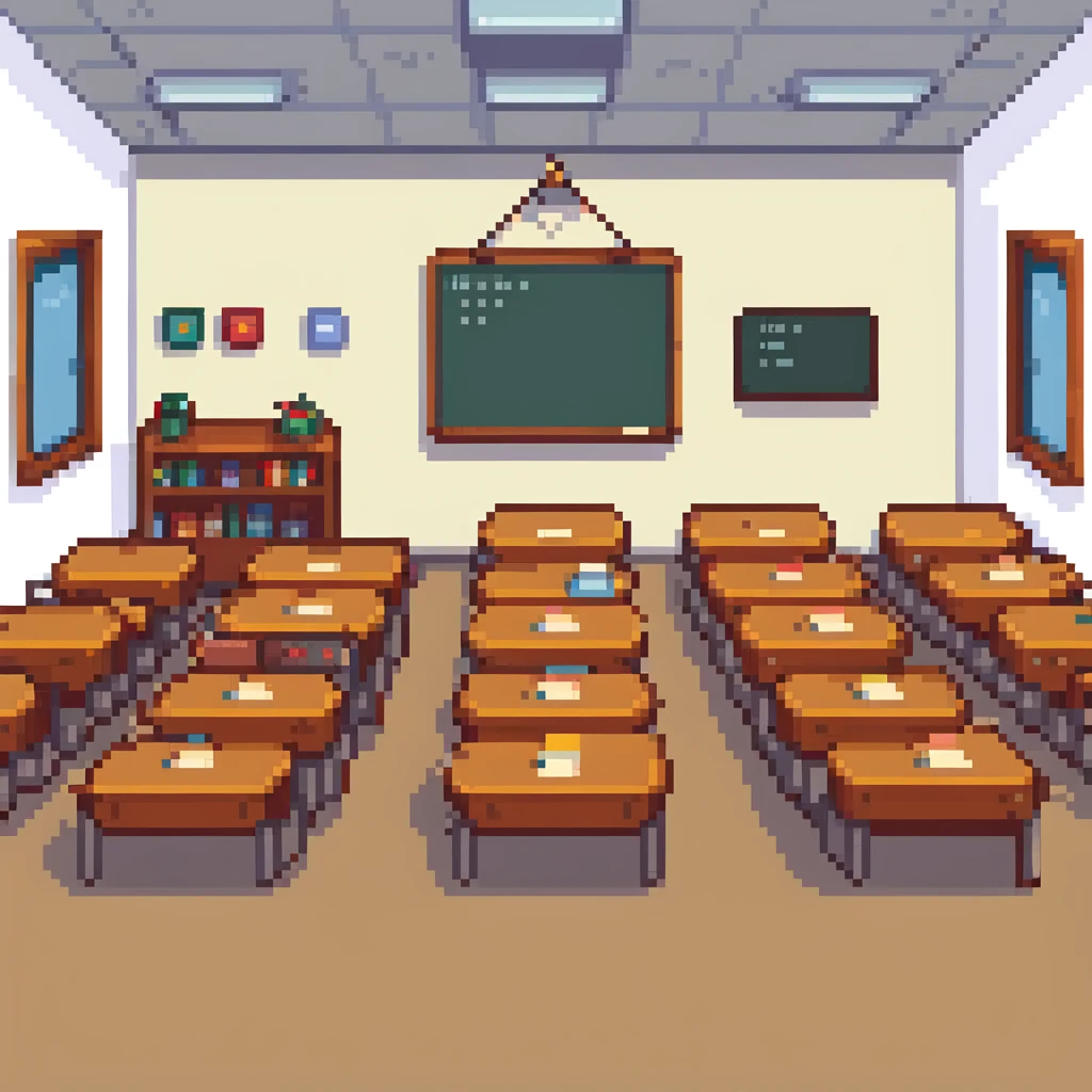 classroom scene with many students and a teacher in pixel art style emoji