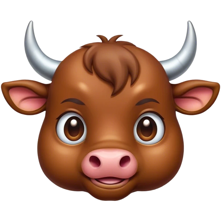 Cinematic Cute Brown Bull Portrait Emoji, Head tilted playfully and inquisitively, featuring a glossy, robust brown hide with a natural sheen, round, sparkling dark eyes filled with gentle curiosity, Simplified yet irresistibly adorable features, highly detailed, glowing with a warm, friendly glow, high shine, affectionate and imposing, stylized with a touch of rugged charm, bright and endearing, soft glowing outline, capturing the essence of a mischievous yet loving bull, so playful it feels like it could stomp out of the screen and into your arms! emoji