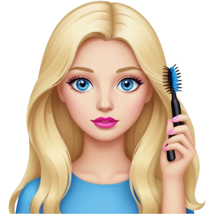 Blonde woman with long hair, blue eyes and pink lips holding mascara in her hands emoji