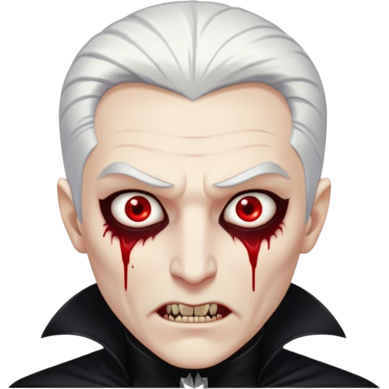 Creat a young man Vampire with white skin and white hair "make him have slide back hair" and full black vampire clothes and bloody eyes and long fangs and scary dead eyes and silver logo on his neck emoji