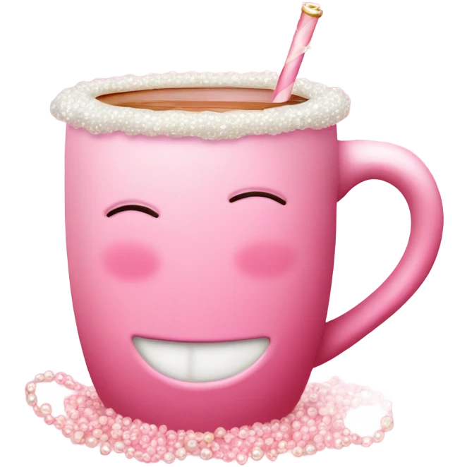 soft pink mug filled with steaming hot raspberry tea, decorated with blush pink pearl and sparkly embellishments (aesthetic, cute) emoji