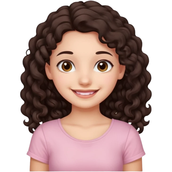 crée moi une jeune fille très belle avec les cheveux bouclés long brune avec un top de couleur rose clair emoji