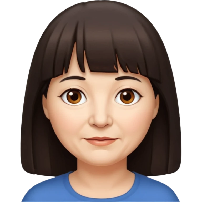 60 yr old woman, very small brown eyes, long straight dark brown hair, bangs, chubby, long face emoji