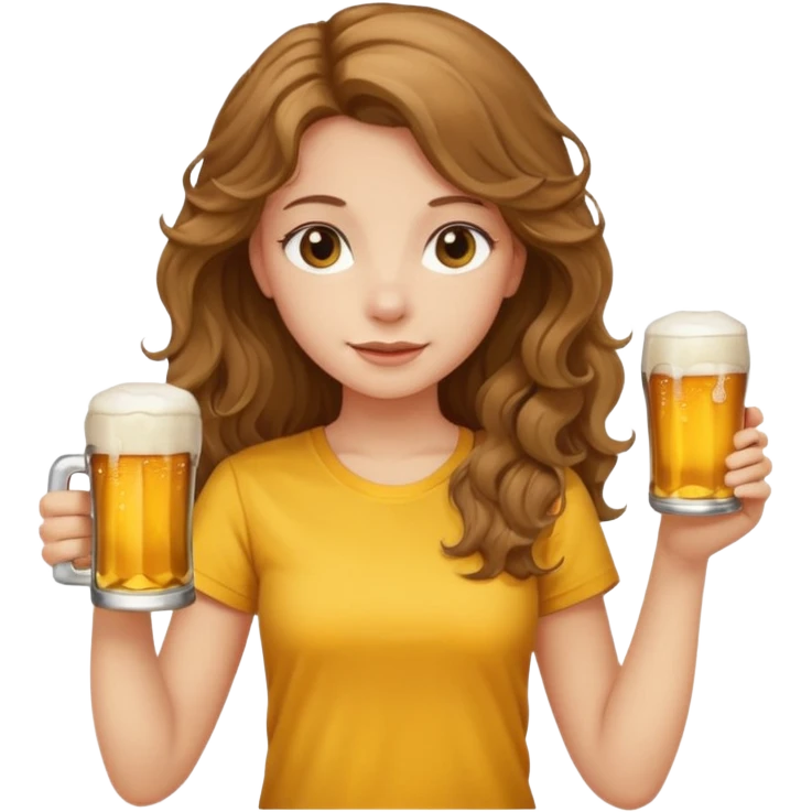 A girl with long, slightly curly, light brown hair, in a yellow T-shirt, holding a beer in her hand emoji