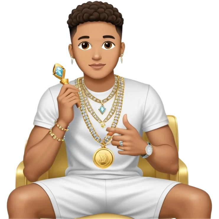 Internet celebrity Josh King Madrid jetset wearing shiny diamond earrings and sparkly iced out diamond tennis necklace chains with tefi valenzuela sitting with him holding gold internet celebrity trophy on tv show in Miami emoji