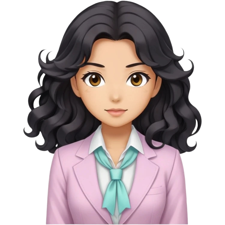 Pretty anime girl with flowing black wavy hair in a professional but feminine pastel outfit, confident boss lady pose emoji