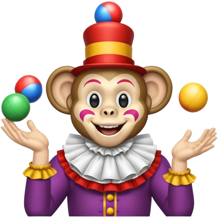 Monkey clown juggling balls, half body emoji