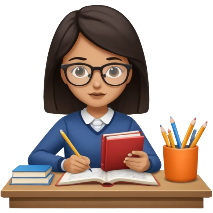 A student with dark hair is reading a book and taking notes in a notebook. There are also papers and textbooks on the table. emoji