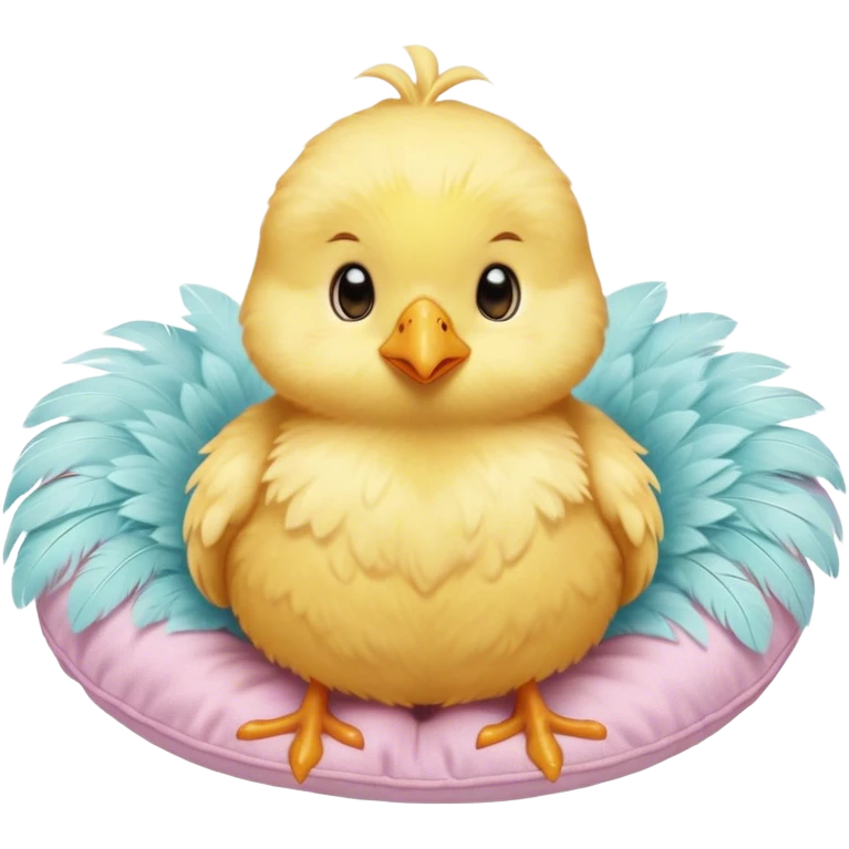 Cinematic round fluffy chick, golden yellow, tiny beak and feet, soft downy feathers, sparkling gentle eyes, sitting on a pastel-colored cushion, radiating warmth and sweetness. emoji