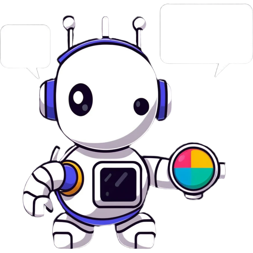 NLP sticker with robot analyzing text and language patterns, colorful speech bubbles emoji