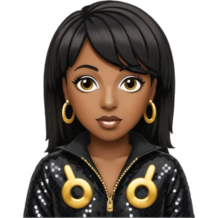 Missy Elliott with black hair, black sequin jumpsuit emoji