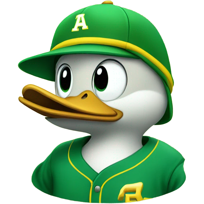 Cartoon mallard smiling with a green and yellow baseball hat on  emoji