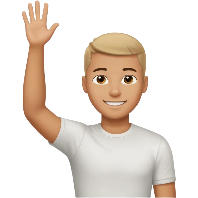 joven bronceado corte de soldado oscuro muy cortito polera blanca sonrisa bonita saludando mano arriba emoji