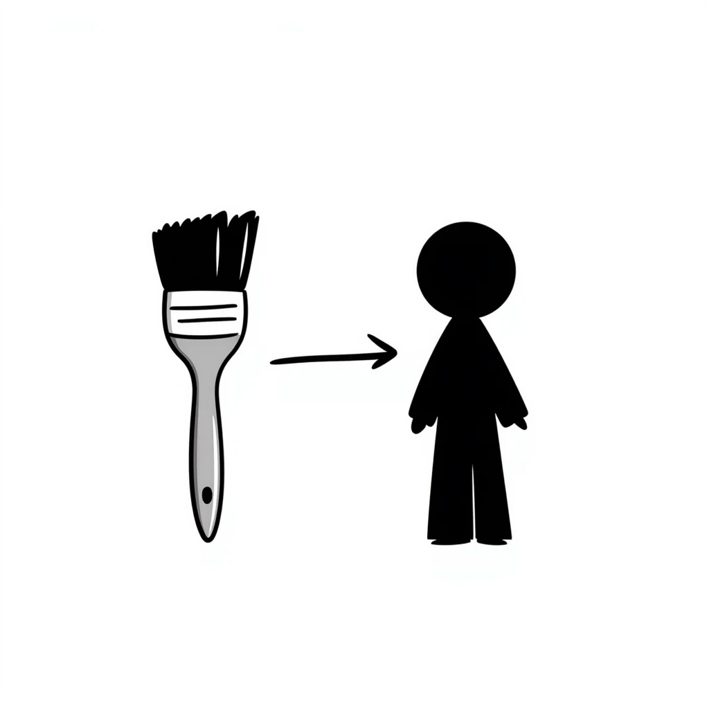 A paintbrush morphing into a metal human figure silhouette, representing artistic identity emoji