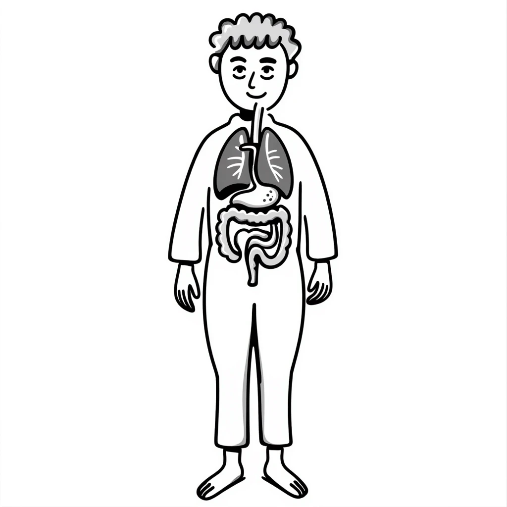 Human body diagram with main organs labeled emoji