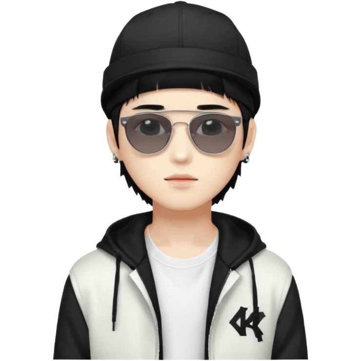 Portrait of a male K-pop idol, white skin, wearing a stylish streetwear outfit with layered clothing, makeup, wearing a black cap, sunglasses emoji