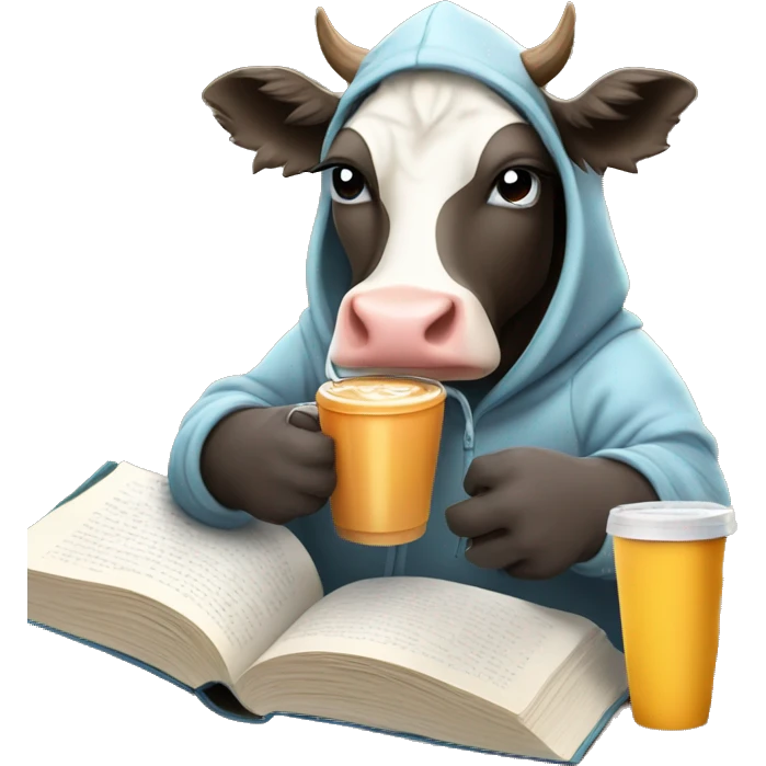 cow wearing a hoodie and sweat pants drinking an ice coffee and reading a book emoji