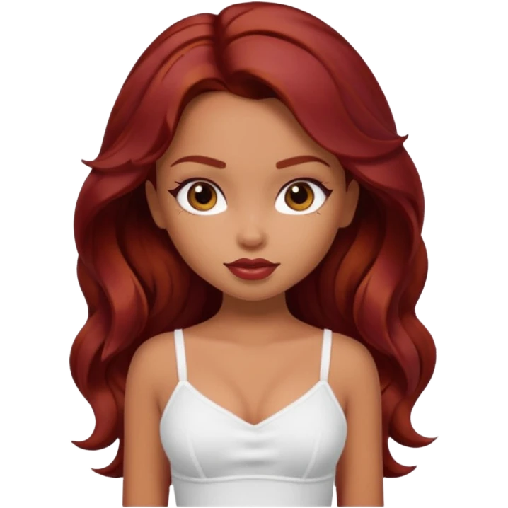 a pretty bratz tan girl with wavy dark red hair wearing a white cami top. Skintone is tan emoji