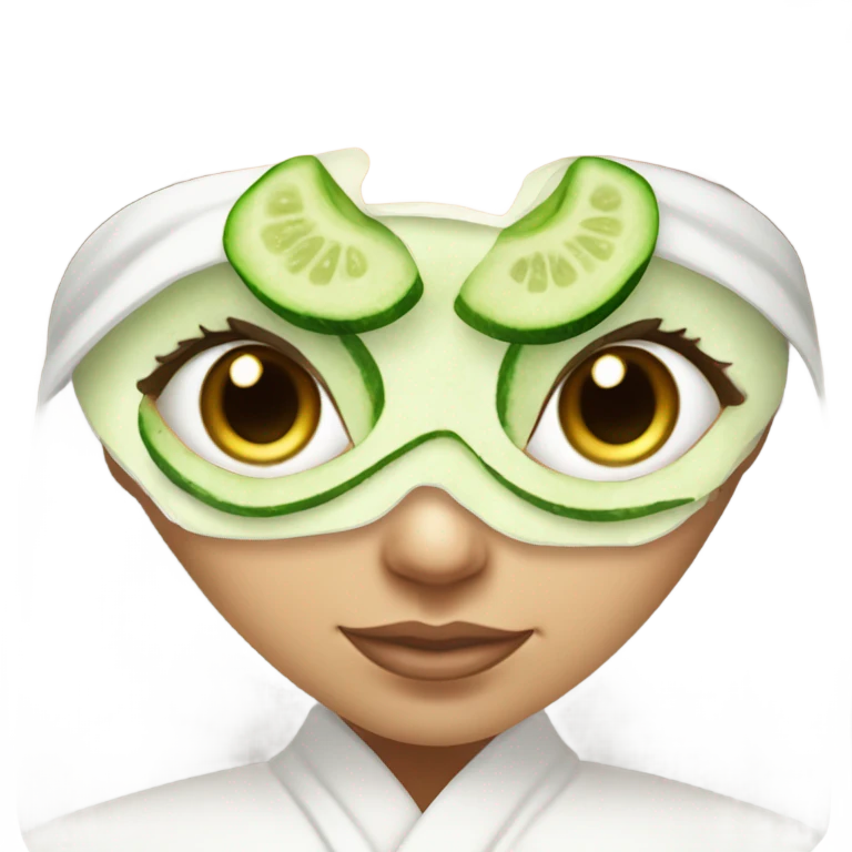 White girl with Brown hair and blue eyes wears a Green clay colored skincare textured mask and puts on cucumbers around her eyes while She relaxes in her white Robe emoji