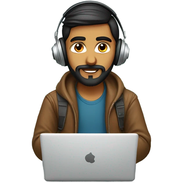 A handsome and intelligent looking indian boy having beard . Having the headphones on coding in hist laptop emoji