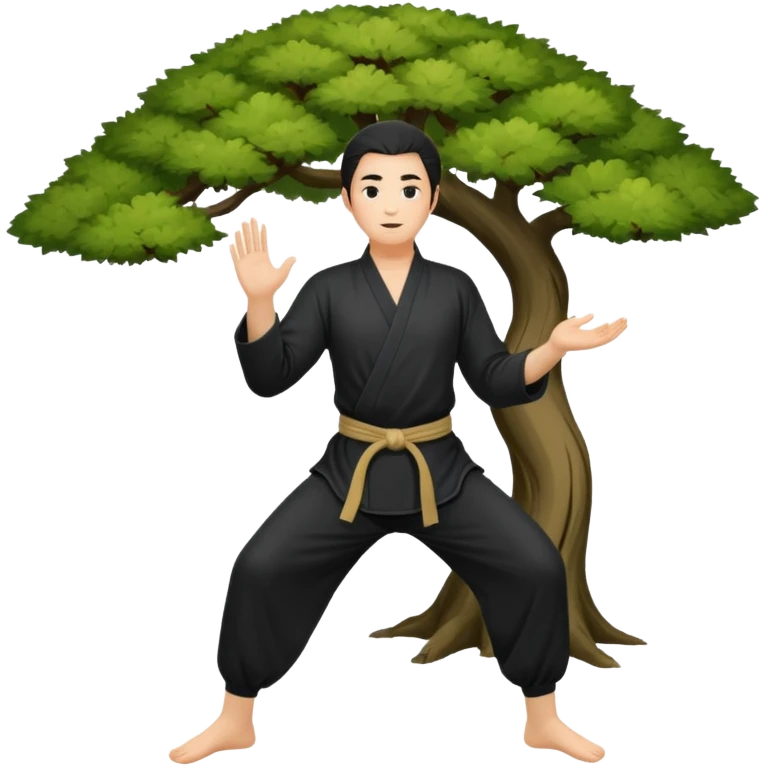 pratiquant de qi gong, homme aux cheveux long, en position de l'arbre, en tenue noire ou blanche. L'image ne contiendra pas d'arbre emoji
