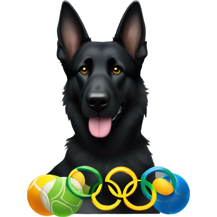 Black German shepherd with the 5 Olympic rings and tennis balls emoji