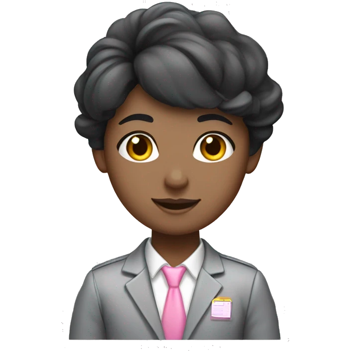 angelic black hair teacher in desk in grey pink uniform emoji