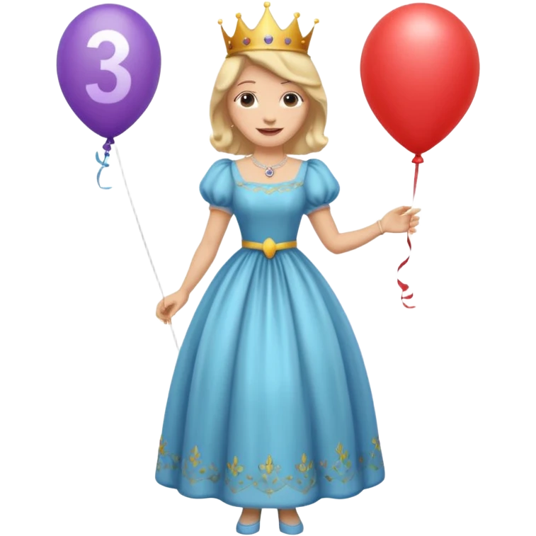 queen wearing dress, holding balloon in shape of number 3 emoji