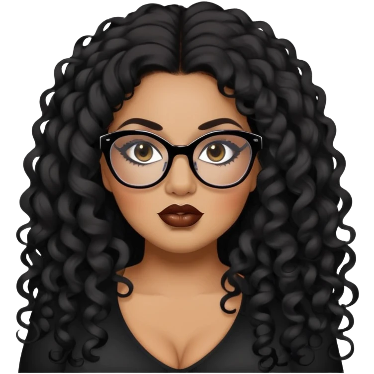 glasses, big plus size, darker tan skin, long black curly hair, baddie,pretty, makeup, lipliner, black eyeliner, long hair emoji