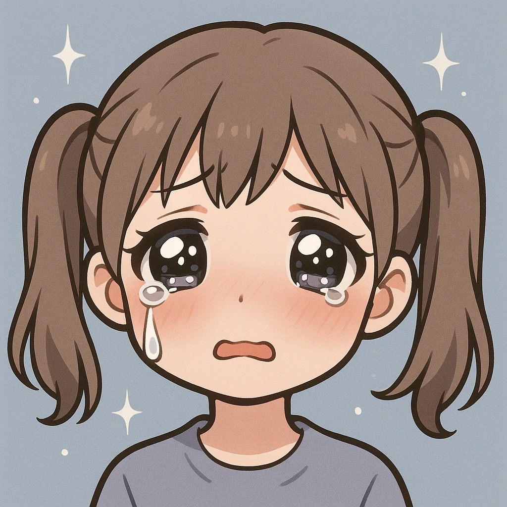 crying anime girl emoji, glossy eyes, one tear, pink cheeks, pastel blue-gray background with sparkles, soft, emotional, sensitive, hair in twin tails emoji