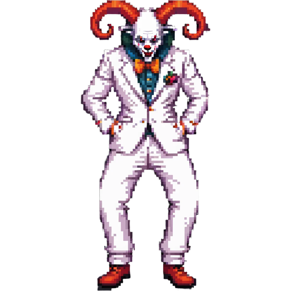 full-body demonic clown in a white leisure suit with bellbottom pants, bald, black ram horns, wearing elevator shoes emoji