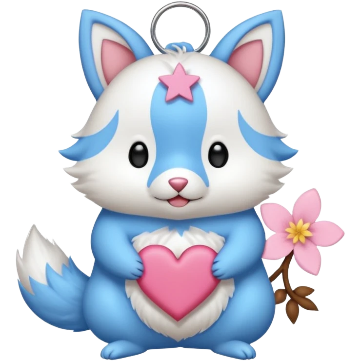 GENERATE ME A MOMONGA WHITE ANIMAL  FROM CHIIKAWA AND PUT A SAKURA FLOWER ON HIS HEAD AND A STAR PELT ON HIS BELLY AND A HEART PURSE ON HIS ARM WITH HIS FACE MAKE HIS TOUNGE STICK OUT WITH A LITTLEPINCH OFDROOL AND MAKE HIM ANIME STYLED ART GIVE HIM A BIG BLUE FLUFFY TAIL JUST TAIL emoji