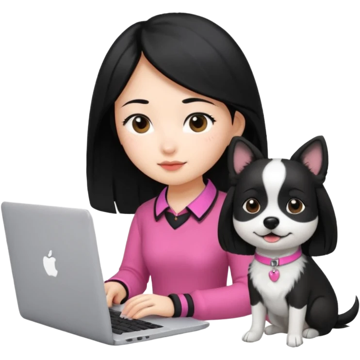 Asian girl with long black hair working on an Apple laptop, next to her is a small black and white dog with pink collar on  emoji