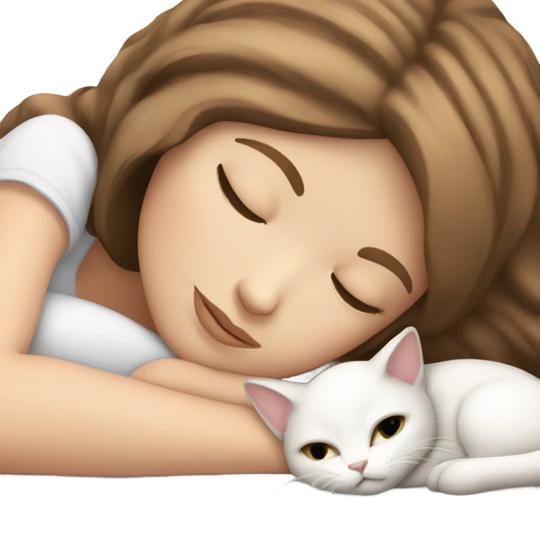 White girl brown hair sleeping with white kitty emoji