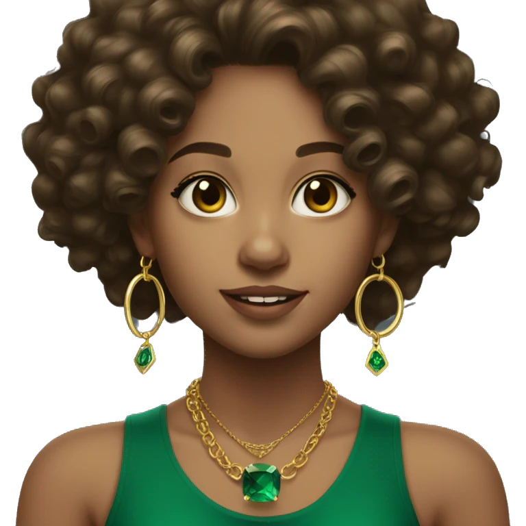 A lightskinned girl with dark brown long curly hair and emerald green top with gold necklaces and tiny gold hoop earrings  emoji