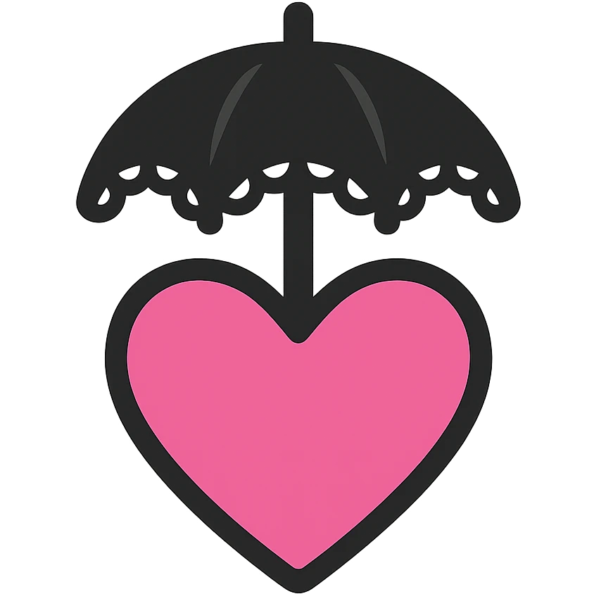 gothic heart with a black lace umbrella, color icon filled style, pink and black emoji