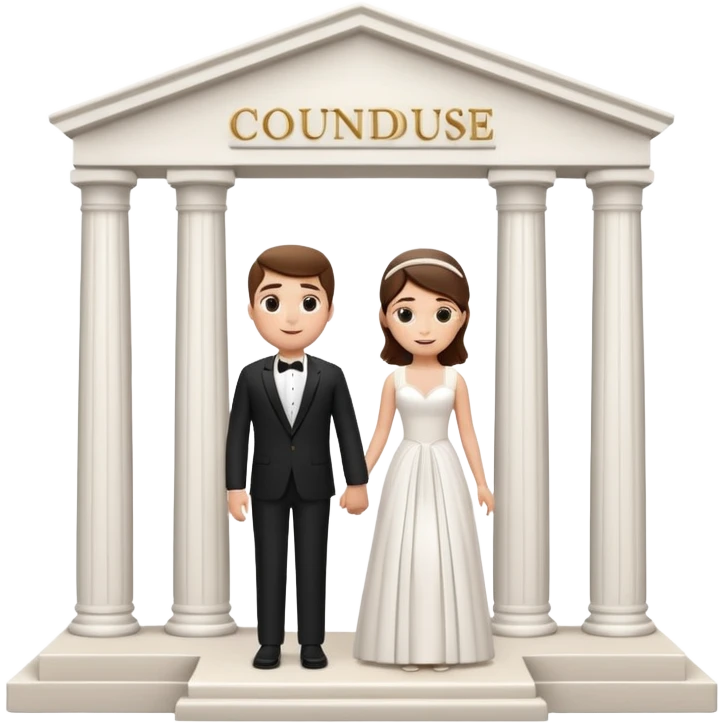 A 3D cartoon courthouse wedding venue with a bride and groom standing at the entrance, elegant white columns, soft natural lighting, simple modern decor, minimal background, realistic Memoji-style rendering. emoji