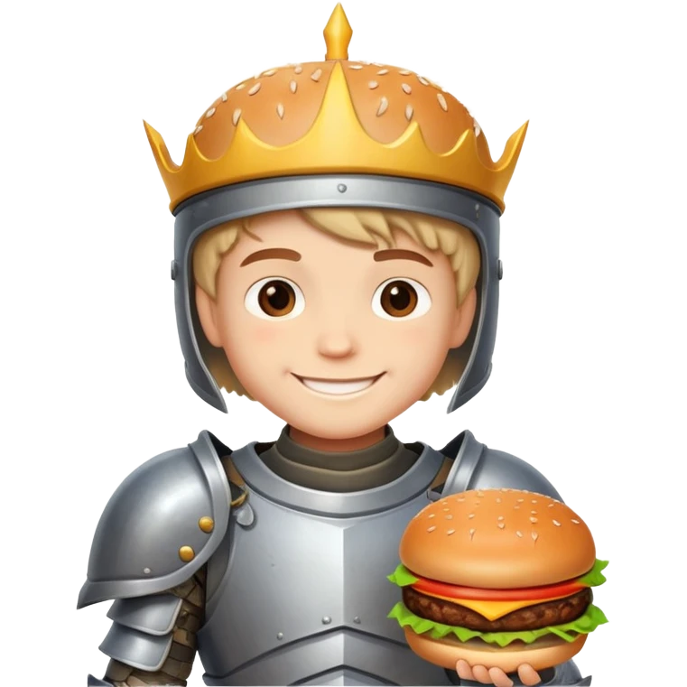 smiling boy in full armor with burger emoji