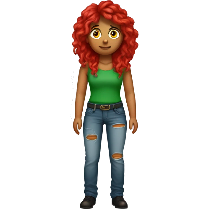 Chica pelo rojo largo ondulado, ojos verdes,cuerpo completo con pantalones vaqueros  rotos y camiseta negra emoji