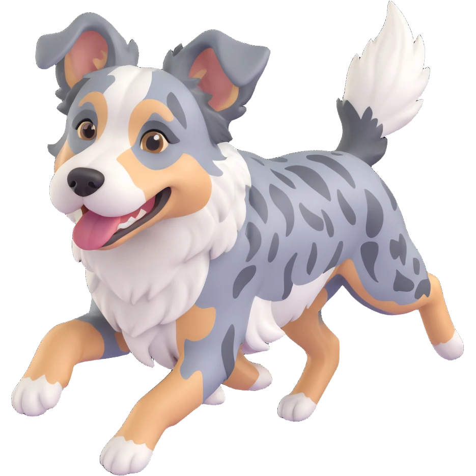berger américain merle bleu (poil noir plutot que gris/bleu, blanc et marron)  en train de courir sur plage  emoji
