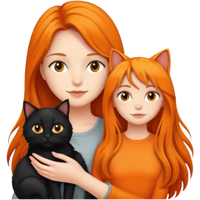 A long-haired girl holding a black cat and an orange long haired cat emoji