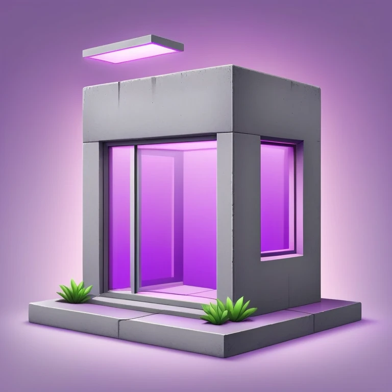 Minimalist gray concrete panel building with one window glowing bright purple from grow lights inside, simple rectangular structure emoji
