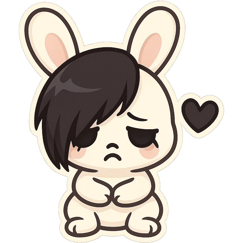 chibi sticker-style bunny with an emo face, black heart accent, cute and exaggerated emoji